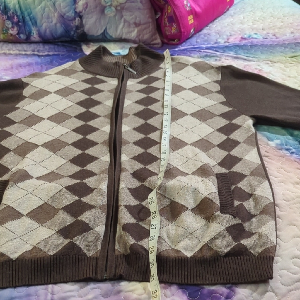 Size L Pierre Cardin Brown Argyle Zip-Front Men's Sweater - Picture 10 of 16